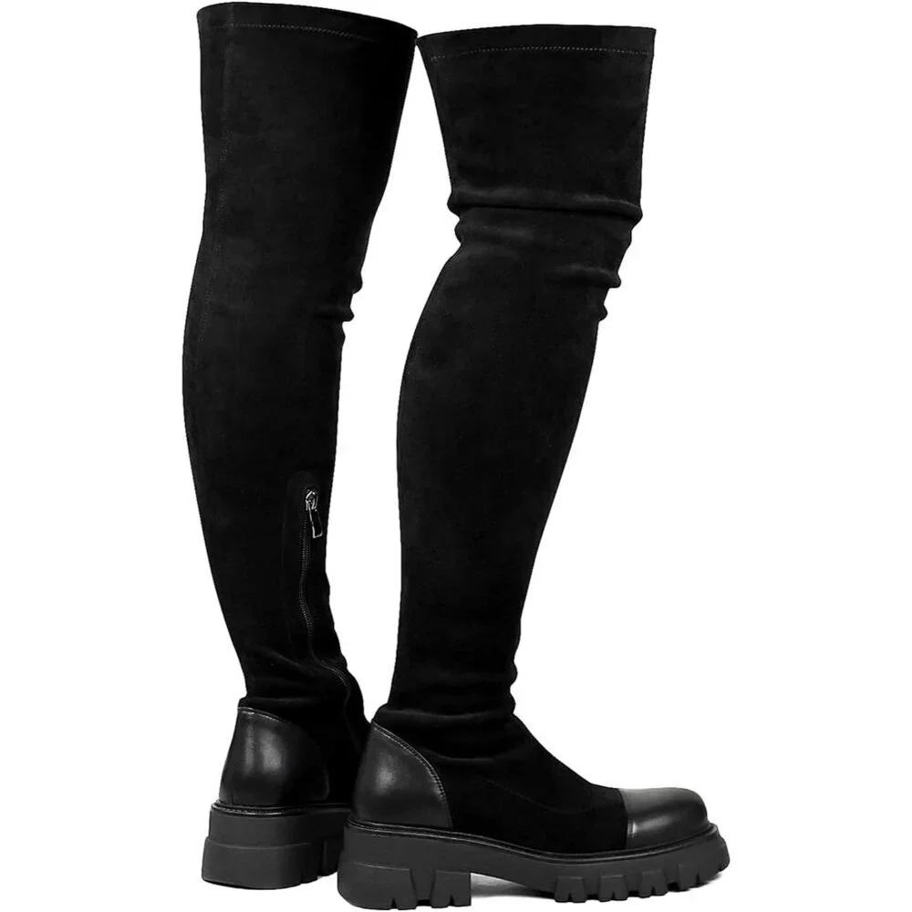 Women Black Over The Knee Boots Lug Sole Tall Boot Side Zipper Long Dress Boot